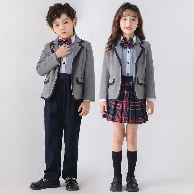 Setelan seragam sekolah anak perempuan Inggris jaket abu-abu rok lipit kotak-kotak baju Formal anak laki-laki setelan anak-anak pakaian kelas Set