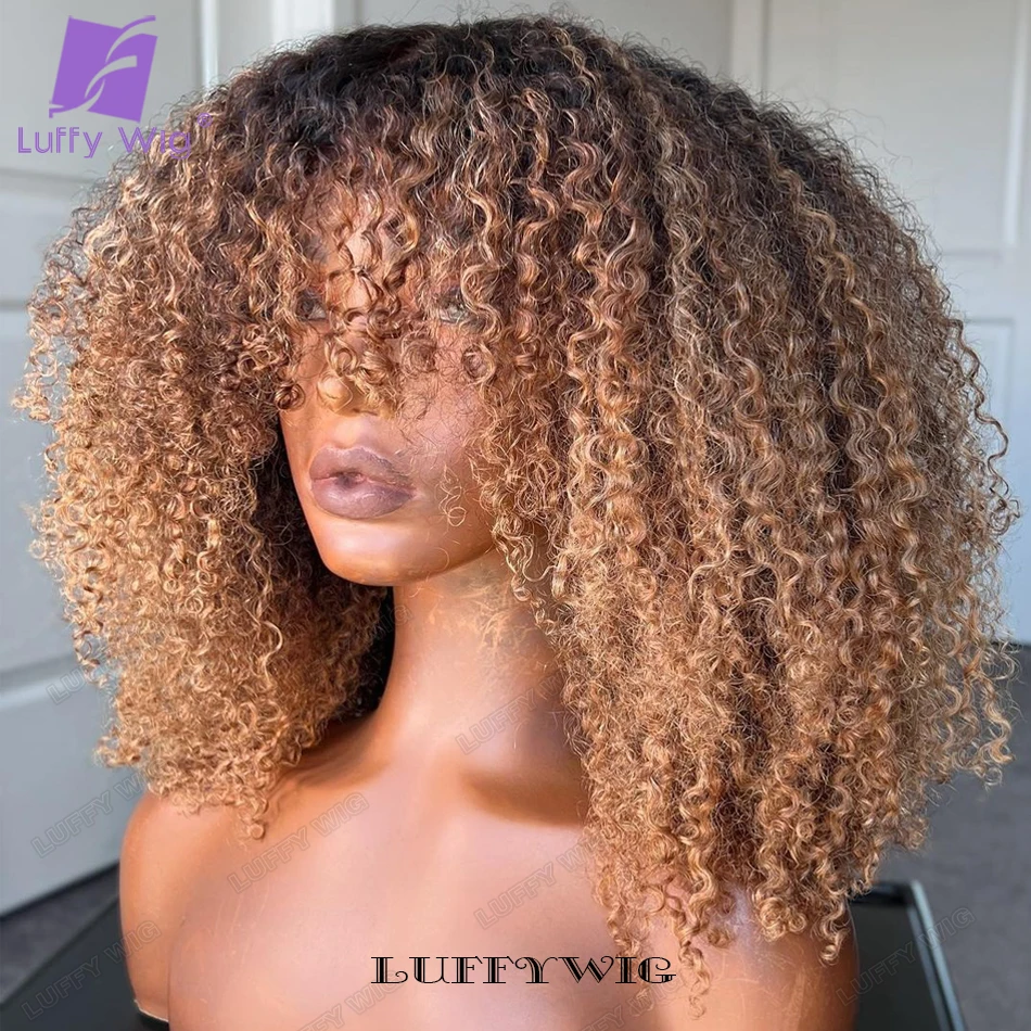 Ombre Afro Kinky Curly Wigs Human Hair with Bangs Brazilian Blonde Wig Scalp Top Full Machine Made Human Hair Wigs for Women