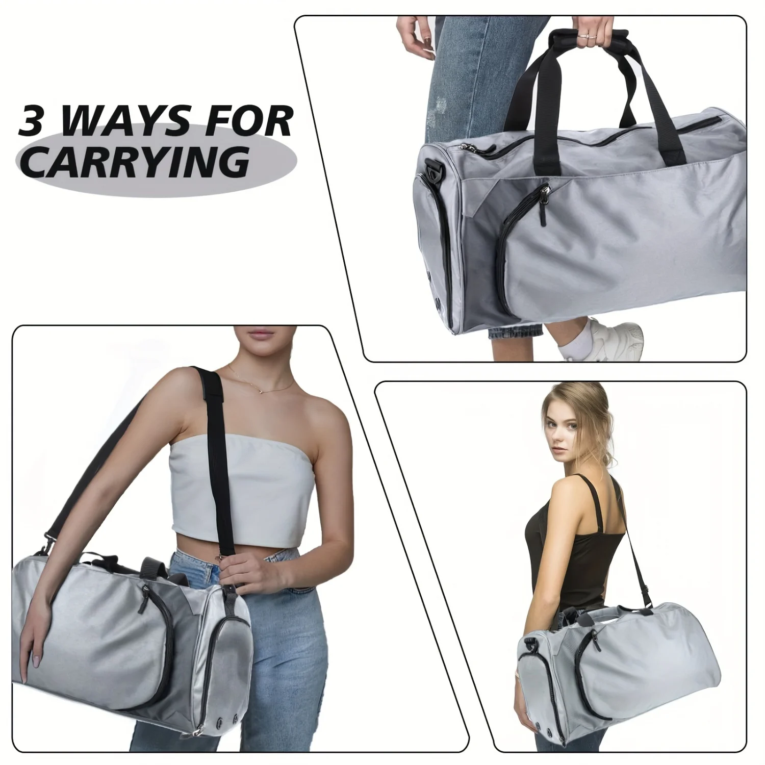 40L Gym Duffel Bag with Wet Pocket & Shoe Compartment - Unisex Weekender Carry On - Lightweight Grey Sports Bag