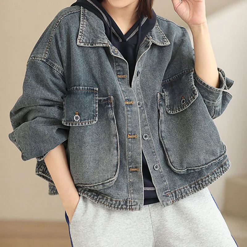 Old denim work clothes large pocket single breasted loose  slim and simple fashion autumn cardigan coat  denim jacket