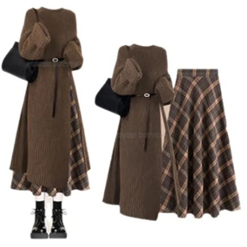 Autumn/Winter Retro Set Women's Korean Style Knitted Wool Skirt+High Waist Slimming Plaid Half Skirt Two Piece Set image 4