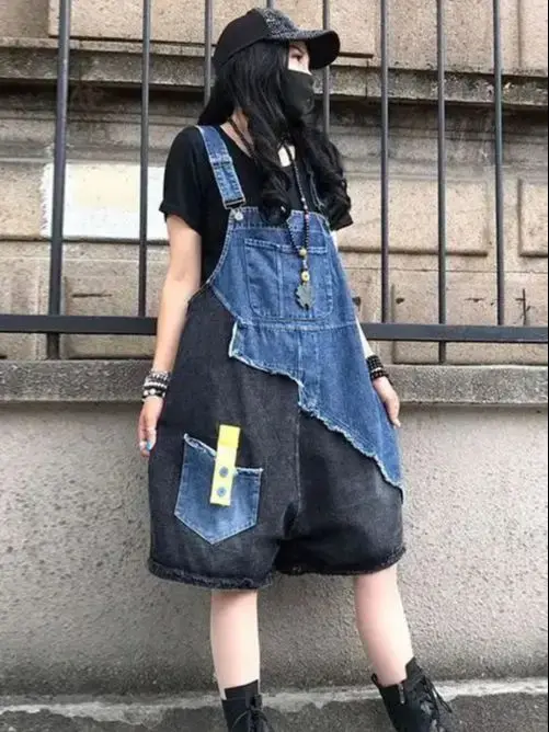 Five Plus Size Camisole Pants Denim Jumpsuits For Women Patchwork Vintage Casual Playsuits Loose Wide Leg Shorts 2024