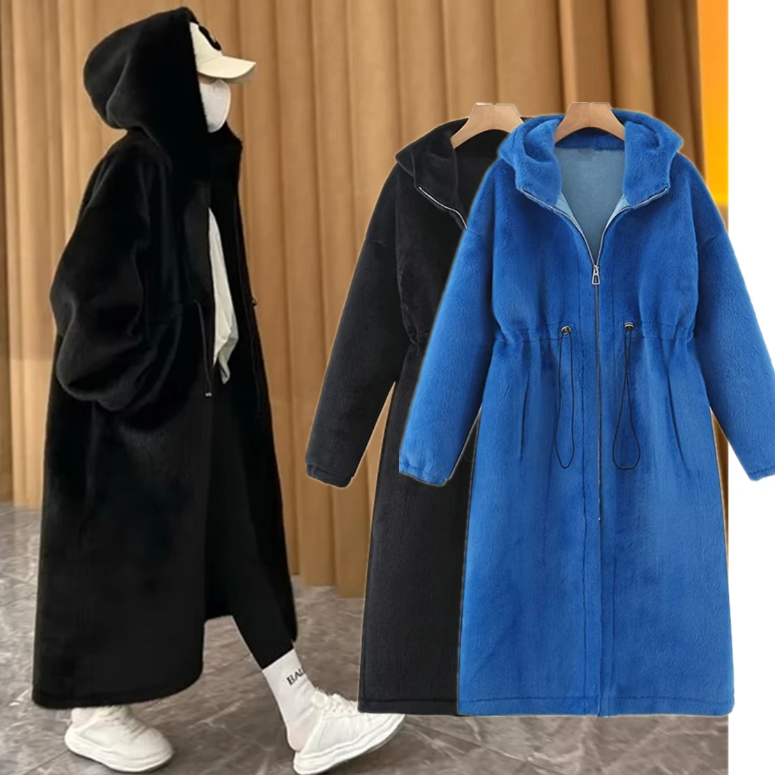 

Dave&Di Fashion Blogger High Street Hooded Long Imitation Coat Rabbit Hair Winter Trench Coat Women