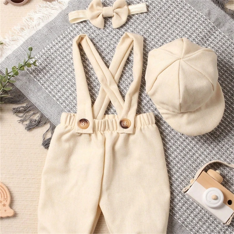 Newborn Costume Photography Clothes Vintage Uniform Hat Suspender Pants Photo Props Photo Posing Outfit K1KC