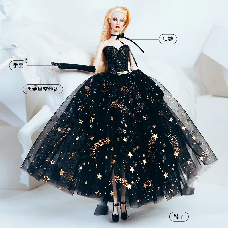 1/6 puppe handschuhe & kleid für barbie zubehör für barbie puppe kleidung black star pailletten hochzeits kleid prinzessin outfits spielzeug 11.5"