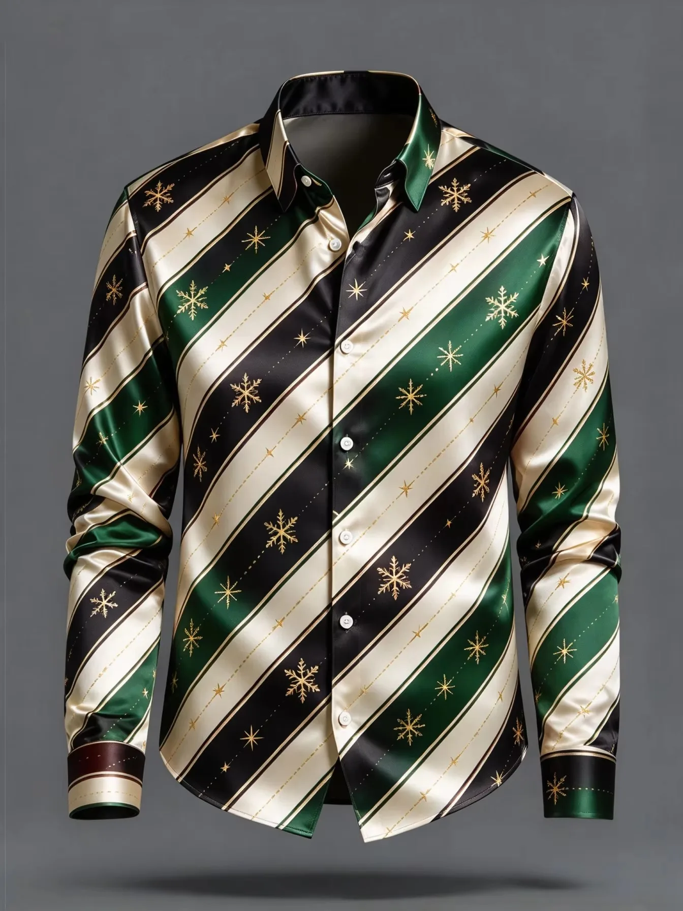 New Men’s Long-Sleeve Christmas Shirt Red Green Diagonal Stripes with Snowflake Print Collared Button-Down Festive Party Top