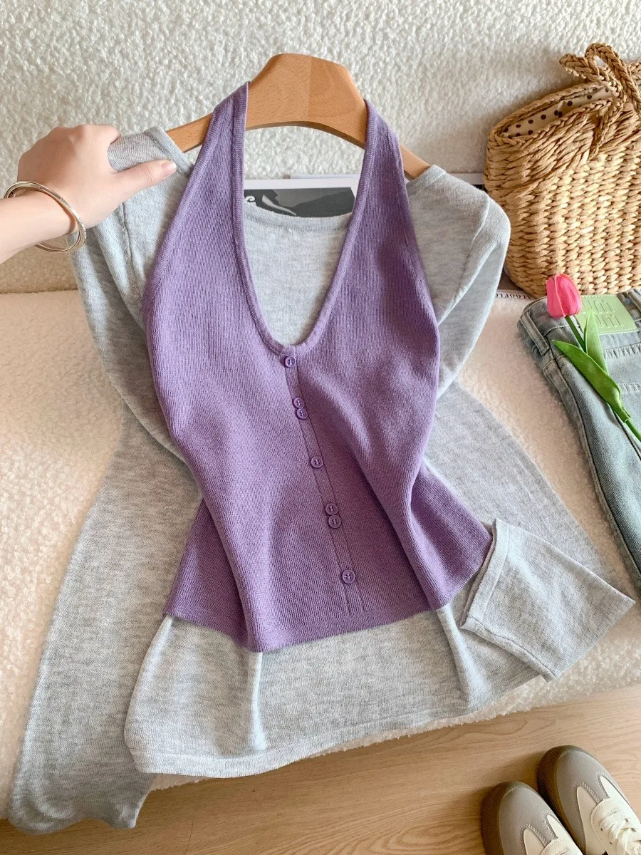 

Spring 2026 Women's Slim Fit Long Sve Knitted Top Purple Hanging Ne Sle Versatile Commute Faion Korean Version