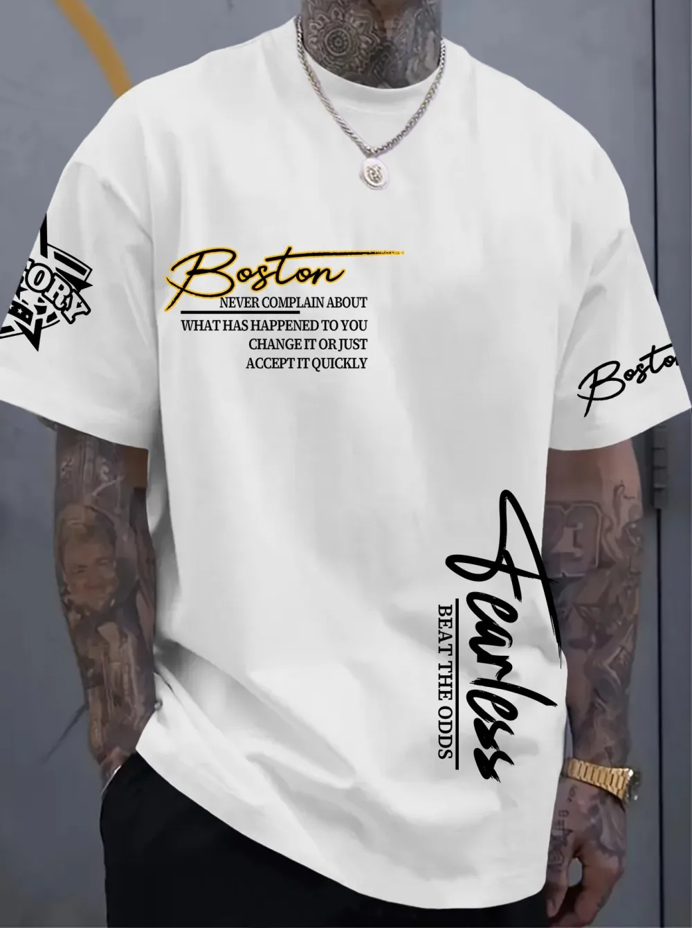 Trendy American men's summer sports Boston letter print micro elastic breathable round neck T-shirt outdoor urban casual top