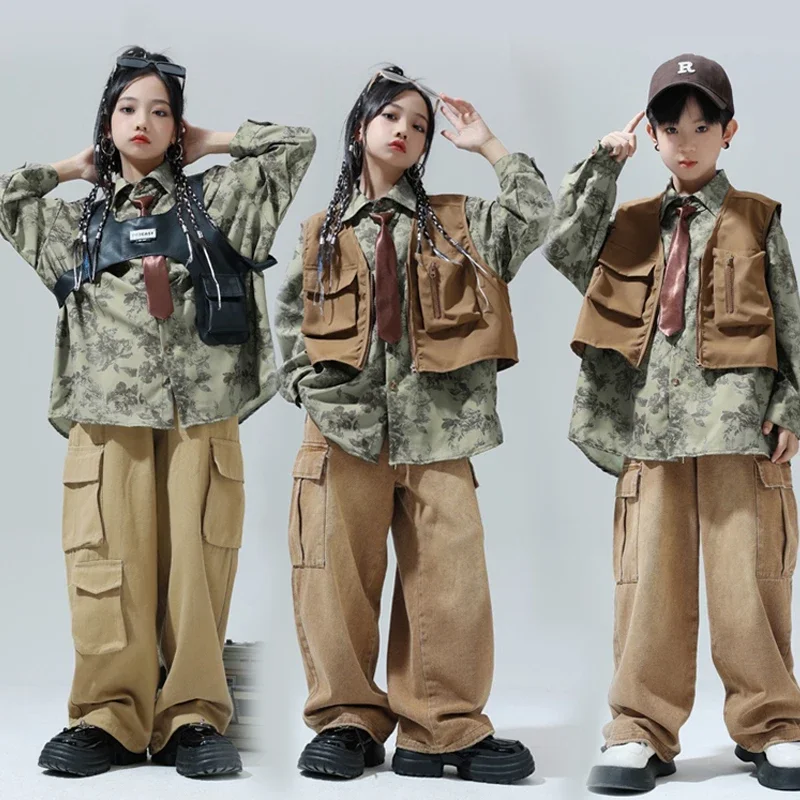 

Hip Hop Dance Stage Outfit Children Jazz Dancewear Khaki Shuffle Pants Floral Shirt Kids Street Dance Costume Streetwear