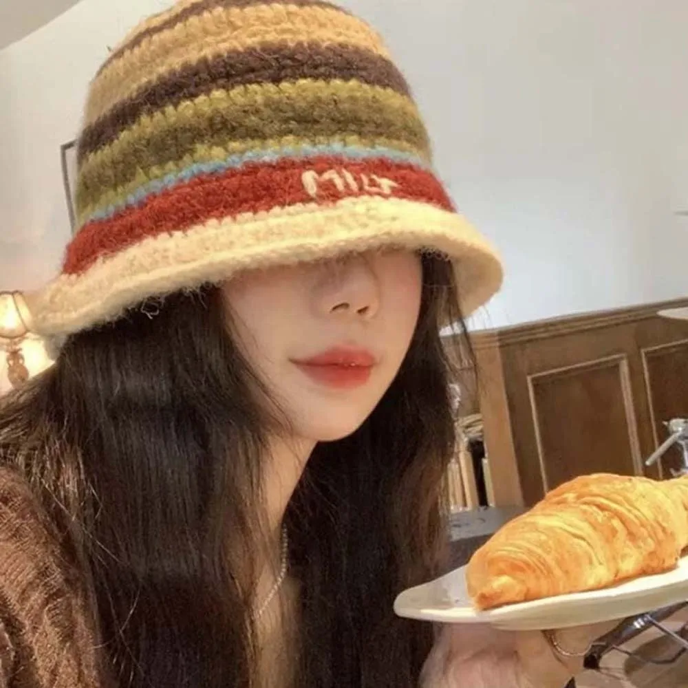 

Elegant Warm Knitted Bucket Hat Temperament Contrast Color Striped Fisherman Hat Anti-cold Windproof Woven Basin Cap Winter