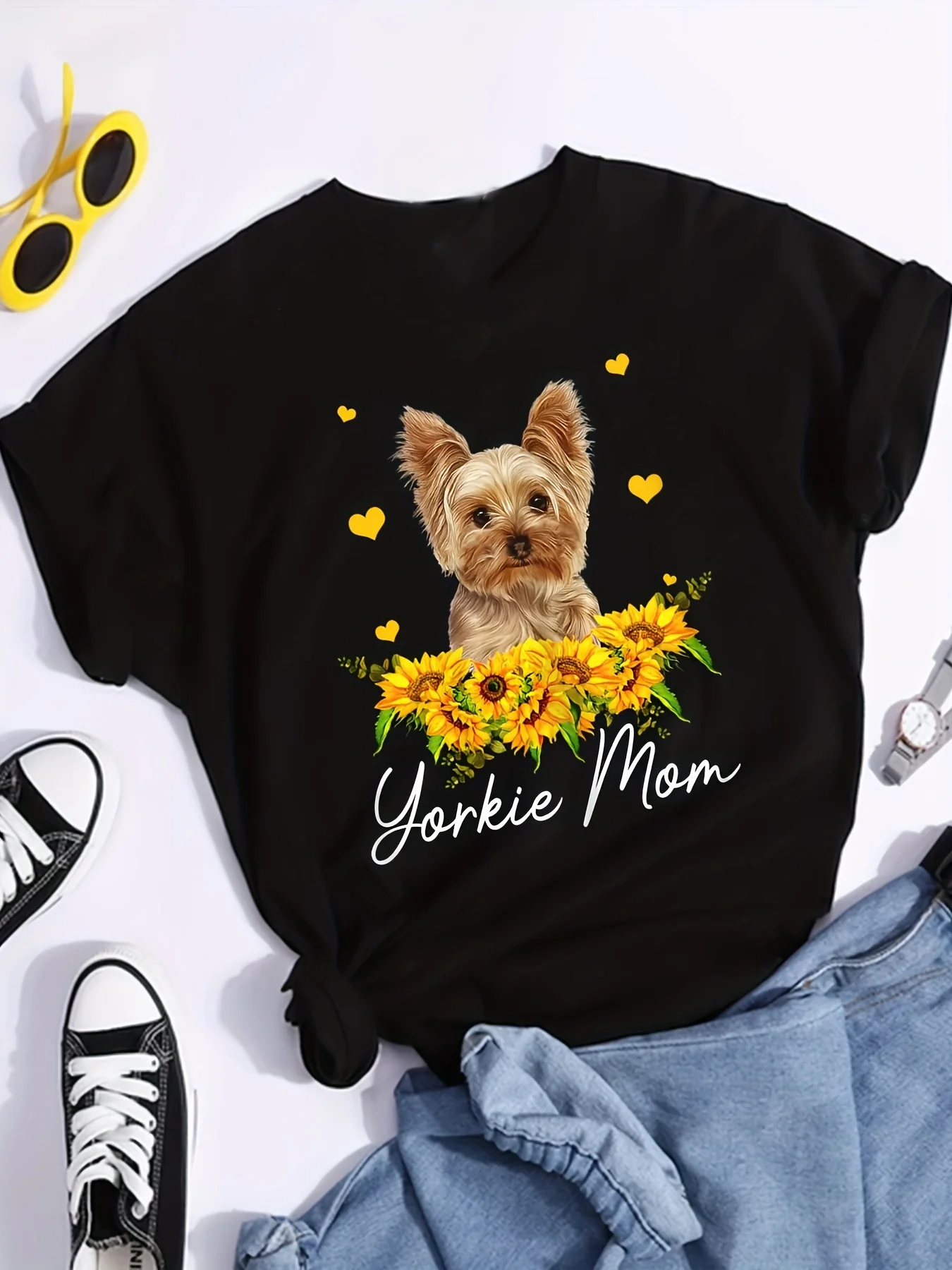 

Sunflower Dog Print T-Shirt Casual Short Sleeve Crew Womens T-Shirt for Spring & Summer Women's Clothing