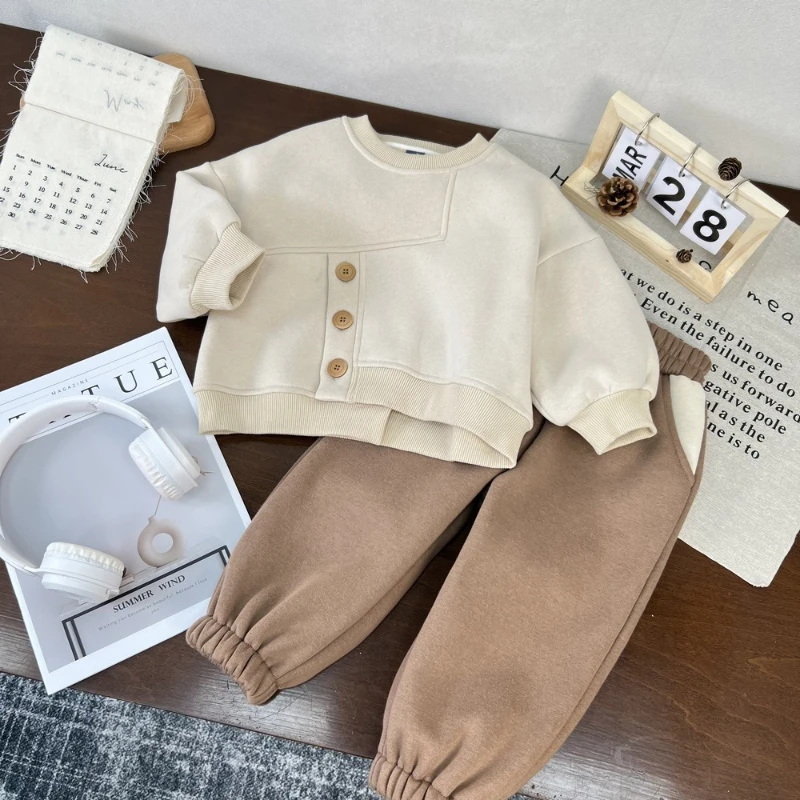 

2025 Autumn/Winter New Product Children's Leisure Thick Fleece Long Sleeve Hoodie and Pants Two Piece Set