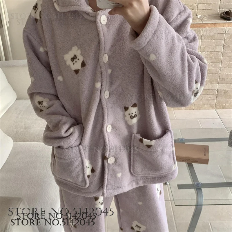 New Flannel Cartoon Sleepwear Women's Long Sleeve Pajamas Set Autumn Winter Coral Fleece Nightwear Homewear Thicken Loungewear