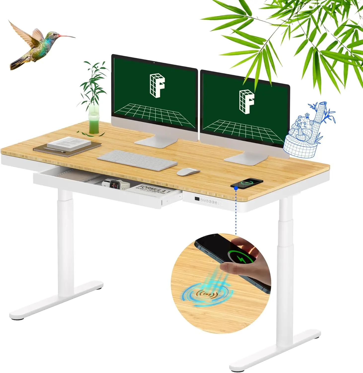 55" Bamboo Standing Desk, Dual Motor 3 Stages Adjustable Height Electric Computer Workstation w/Wireless Charging