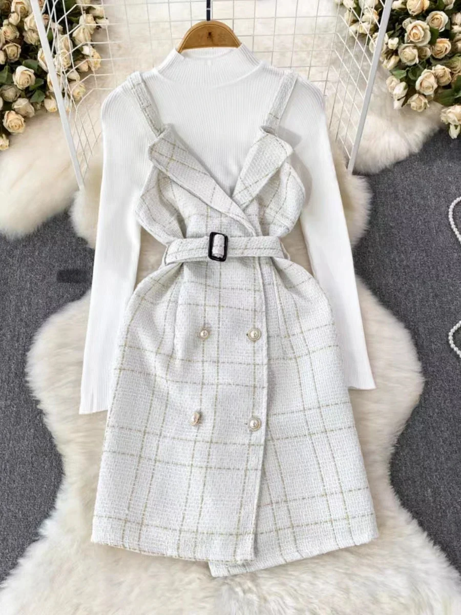 New Small Fragrance Tweed Dress Sets Women Elegant Long Sleeve Bottoming Sweater + Vintage Plaid Sling Dresses Office Lady Suits