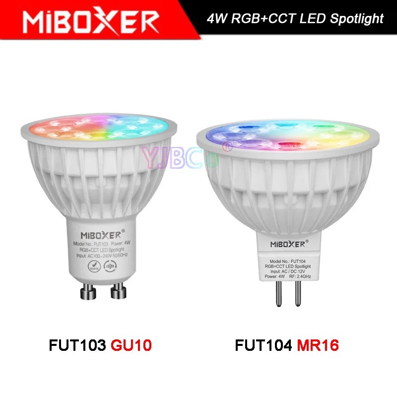 miboxer fut103 fut104 gu10 mr16 4w rgb mais cct refletor led 12v 110v 220v lampada interior 24g controle remoto app 10 pecas 01