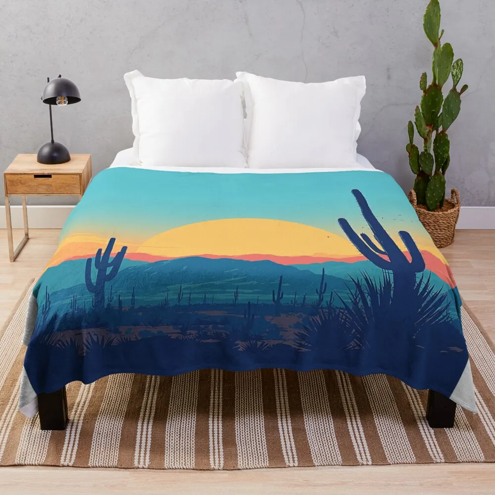 Sunset in Desert with Mountains and Cacti Throw Blanket Sleeping Bag Flannel Weighted Blankets