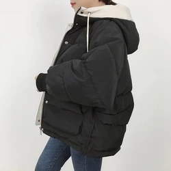 2024 Winter Korean Warm Female Puffer Coat Pocket Solid Parkas Padding Long Sleeve Thick New in Outerwears Hooded Women's Jacket