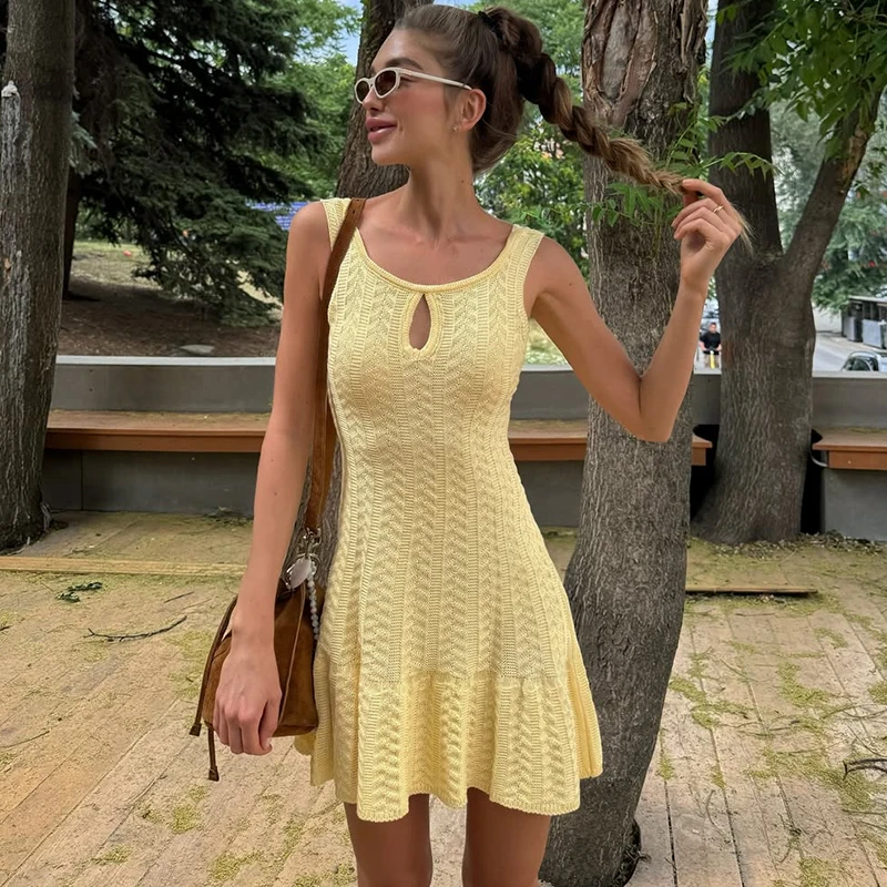 Tuularose Knit Hollow Out Dress Women's O Neck Sleeveless Backless Ruffled Dress Female Summer Holiday Party Folds Tank Dresses