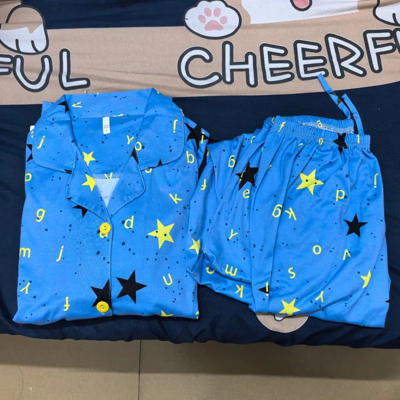 Korean Style Star Pajamas Set Youth Women Spring Y2k Clothes Hip Hop Harajuku 2000s Blue Pijamas Home Pjs Sleepwear For Sleeping