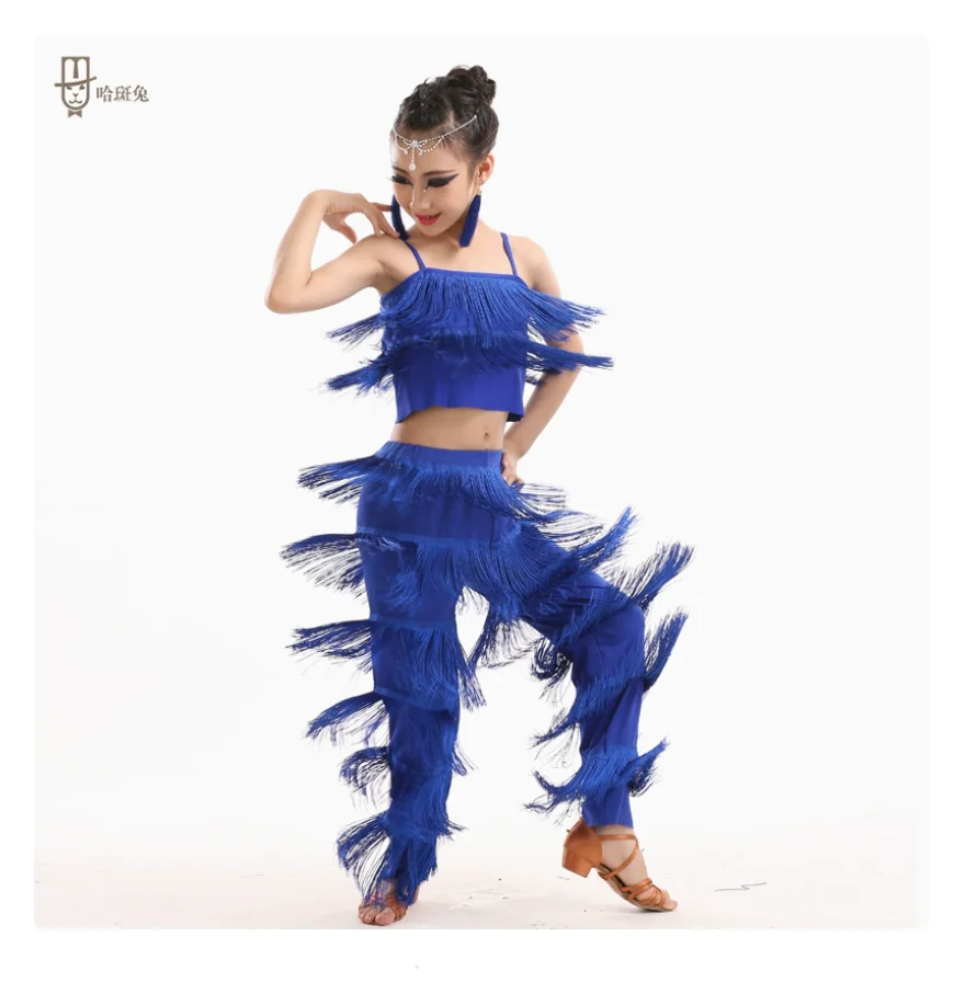 

1set/lot children fashion belly dance tassel costumes girl fringe cha cha tango dance top and pants
