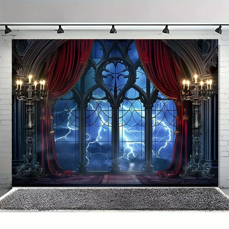 VIKAMA Gothic Castle Window Tapestry, Lightning Storm Red Curtain Candelabra Wall Hanging, Dark Medieval Wall Cloth Decor