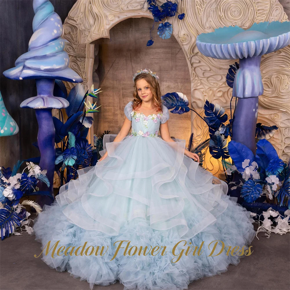 Meadow Light Ice Blue Princess Girls Dress Short Sleeve First Communion Gown Floral Appliques Children Birthday Wedding Dresses
