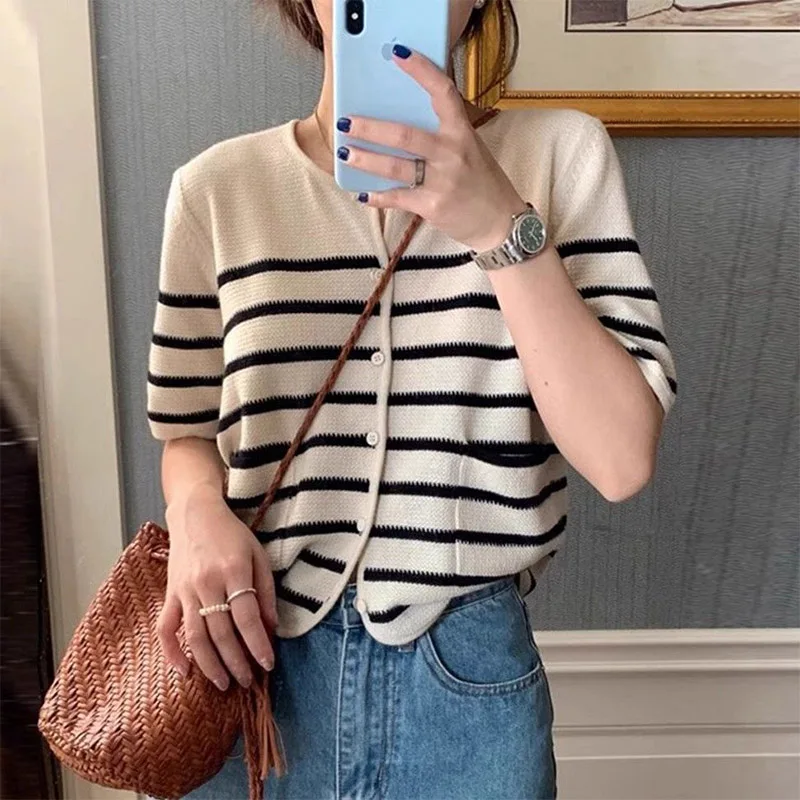 Women Clothing Fashion Striped O-neck Short Sleeve T-shirt Summer Casual Chic Pockets Knit Cardigan French Elegant All-match Top