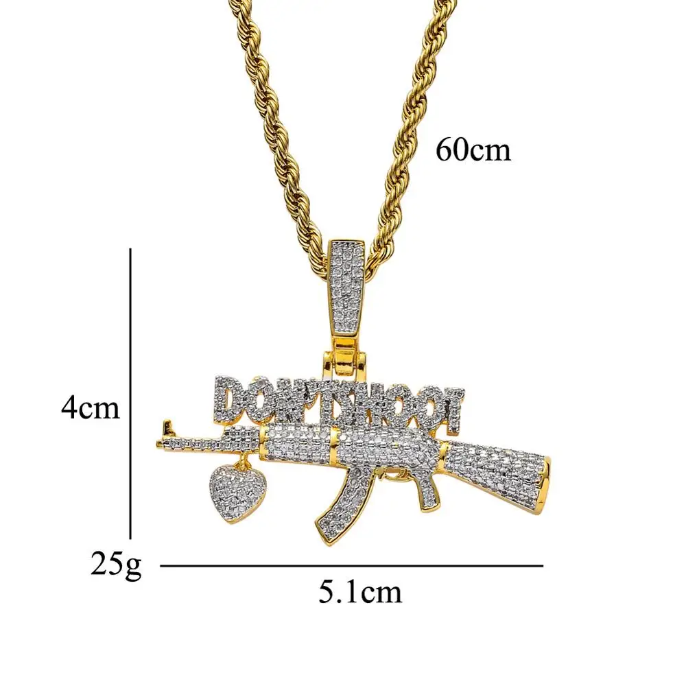 Micro Pave AAA Cubic Zirconia Bling Iced Out Don't Shoot AK 47 CS GO Gun Pendants Necklace for Men Hip Hop Rapper Jewelry