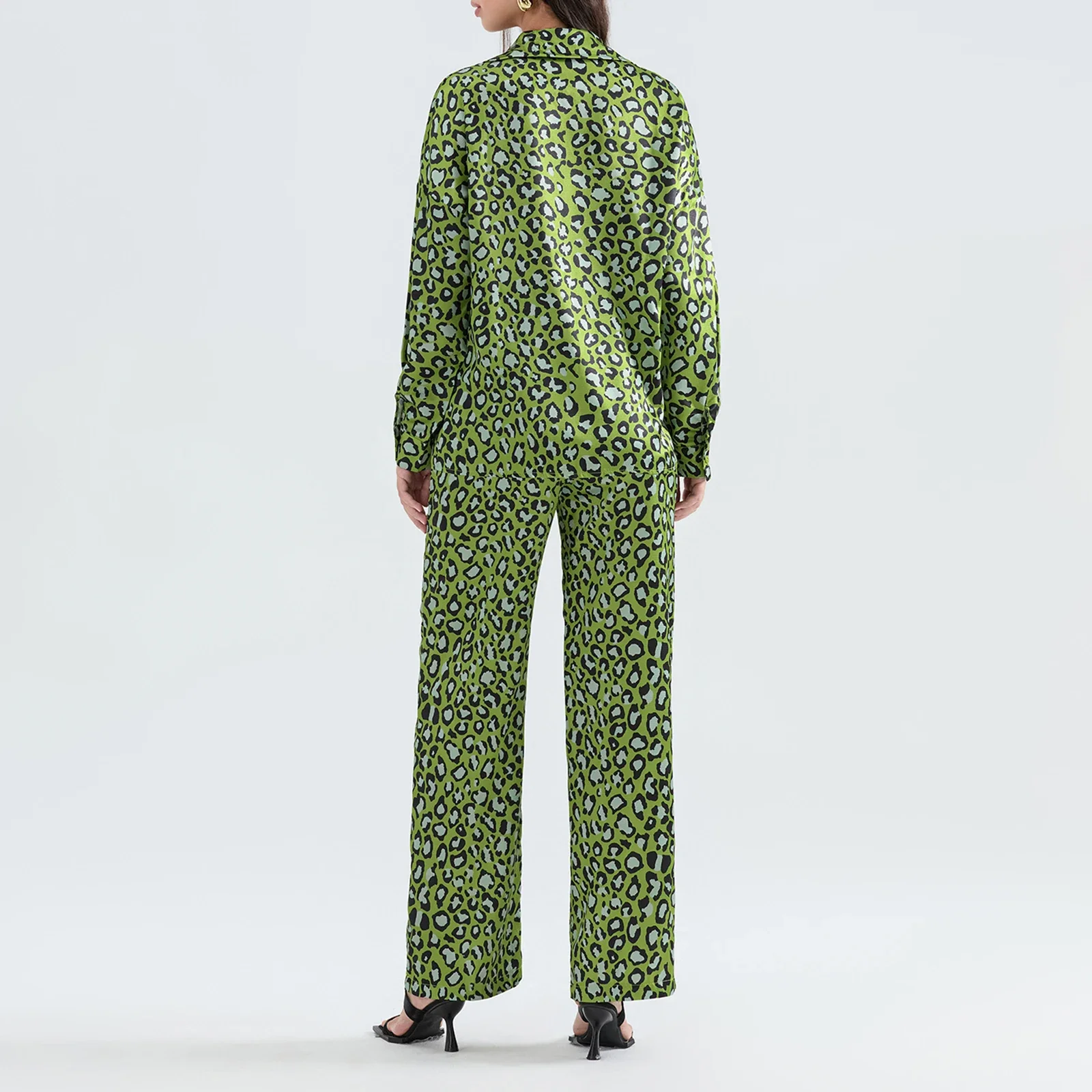 Hirigin-Conjunto de pijama con estampado de leopardo para mujer, ropa de dormir de manga larga con botones, pantalones, y2k, 2024