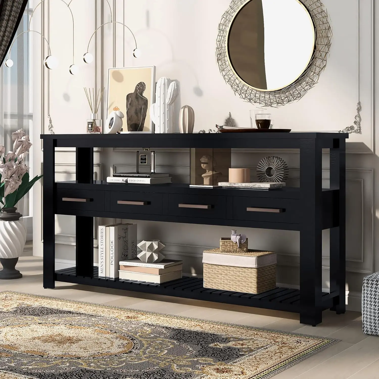 

62in Black Console Table 4 Drawers 3-Tier Wood Storage Shelf Entryway Hallway Living Room Kitchen Foyer, Customized