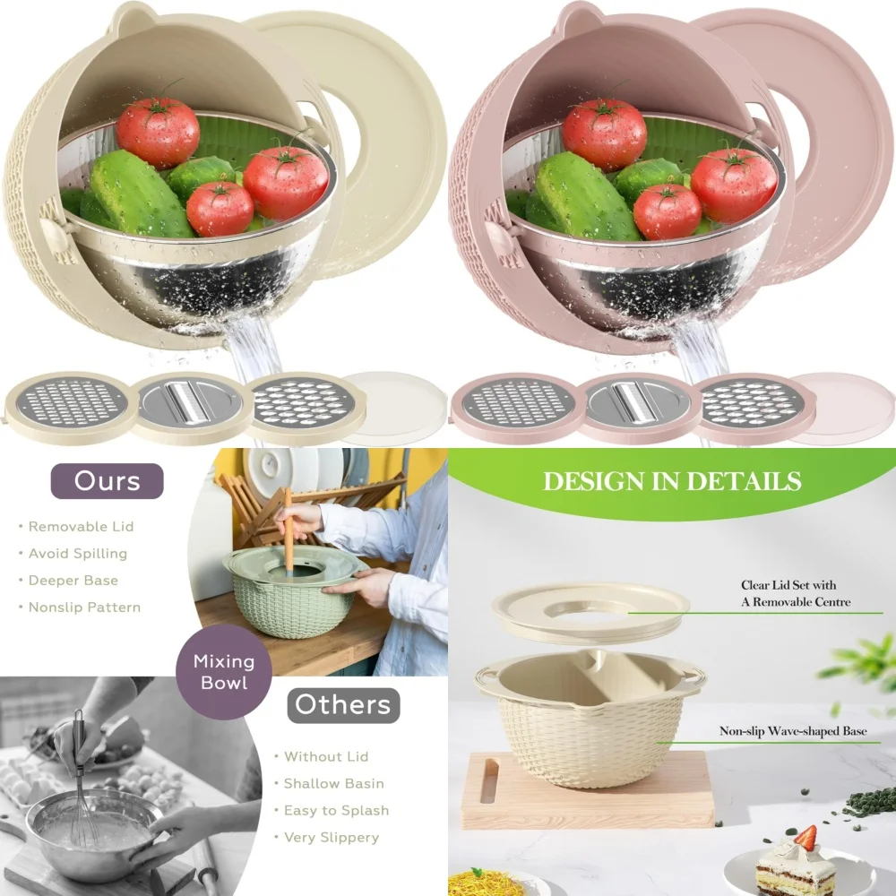 

4 in 1 Colander Set with Mixing Bowl Stainless Steel Strainer Kitchen Pasta Washer Drain Salad Spinner for Home Cooking
