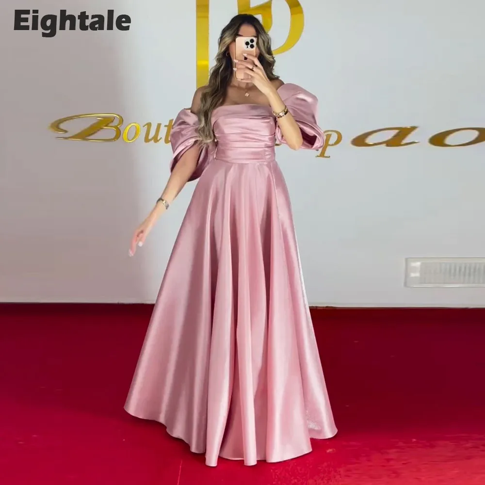 

Eightale Pink Evening Dresses Off the Shoulder Short Sleeves Satin A-Line Prom Party Gown Wedding sukienki na studniówkę