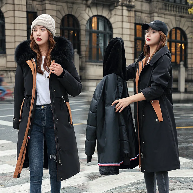 Parkas Coats Women Mid Length Jackets Detachable Big Fur Collar Hooded Drawstring Pocket Zipper Waist Cinched Casual 2025 Winter