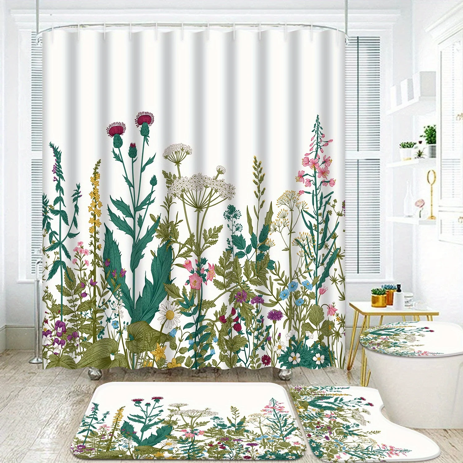 

Boho Colorful Flowers 4pcs Bathroom Accessory Sets, Spring Floral Shower Curtain and Rugs for Vibrant Retro Art Bathroom Decor I
