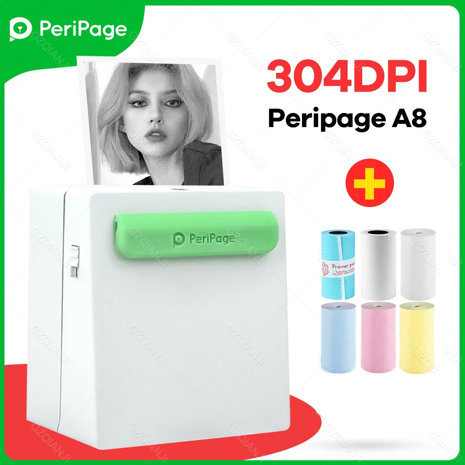 PeriPage A8 Portable 58mm Photo Printer Pocket Bluetooth Thermal Printer 2inch Label Maker Paper Rolls for Mobile Android iOS