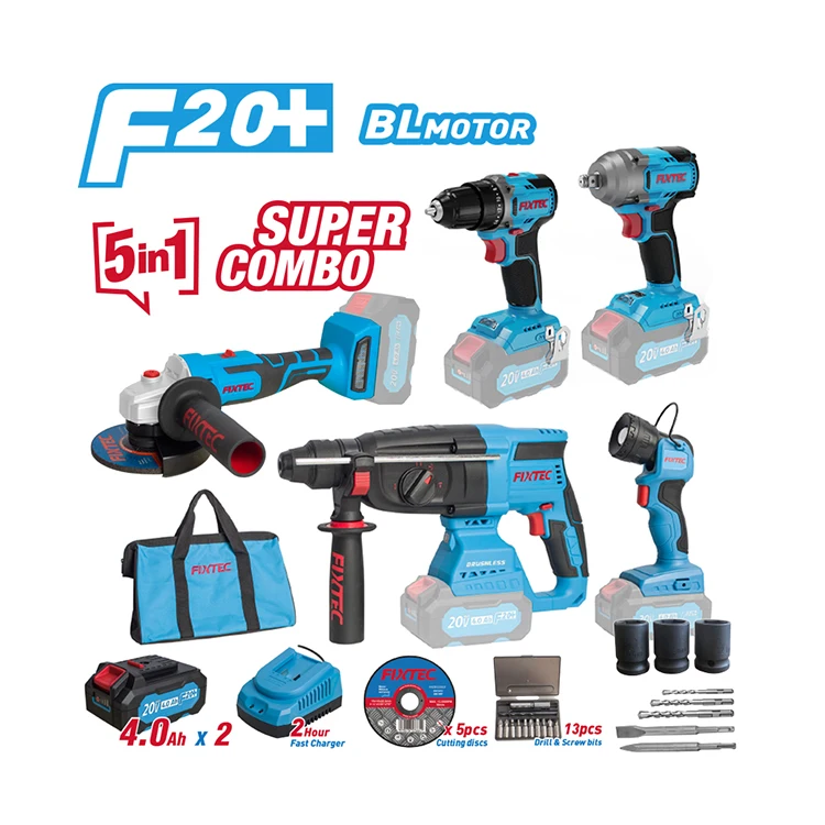 

FIXTEC 5 in 1 Super Combo Drill Angle Grinder Rotary Hammer Impact Wrench Flashlight 20V Cordless Brushless Combo Kit