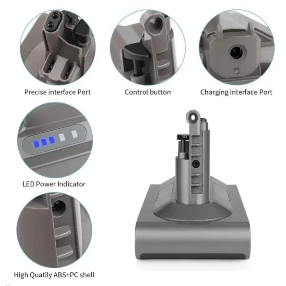 Batterie Li-ion de remplacement 21,6 V 6000 mAh pour Dyson V10 Animal/Absolute/Motorhead/Moelleux/Total Clean/SV12.