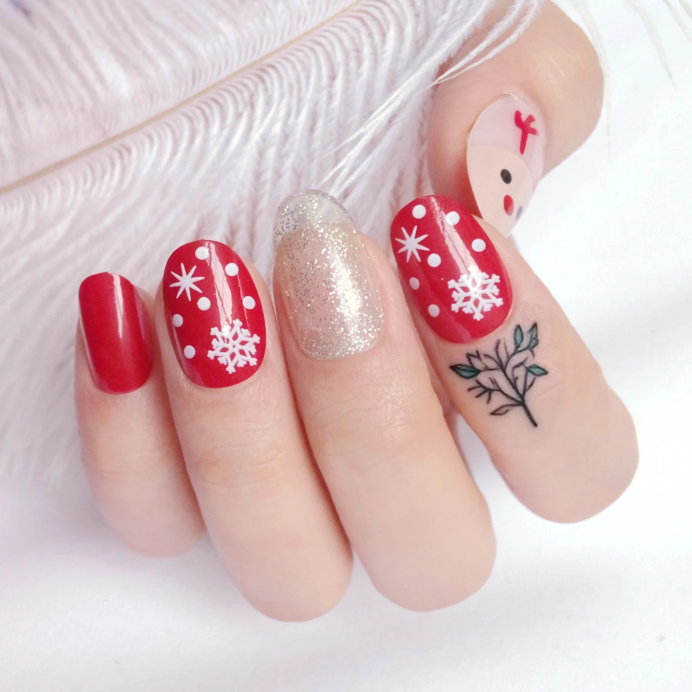 

24 шт., рождественские красные накладные ногти с клеем, сделай сам, акриловые короткие накладные ногти для женщин, блестящие золотые маникюрные кончики пальцев