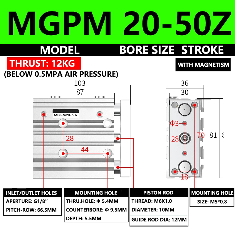 

ABILKEEN MGPM Series Pneumatic Compact Guide Cylinder MGPM20-50Z 20MM Bore X 50MM Stroke Three Axis Three Rod Air Cylinder