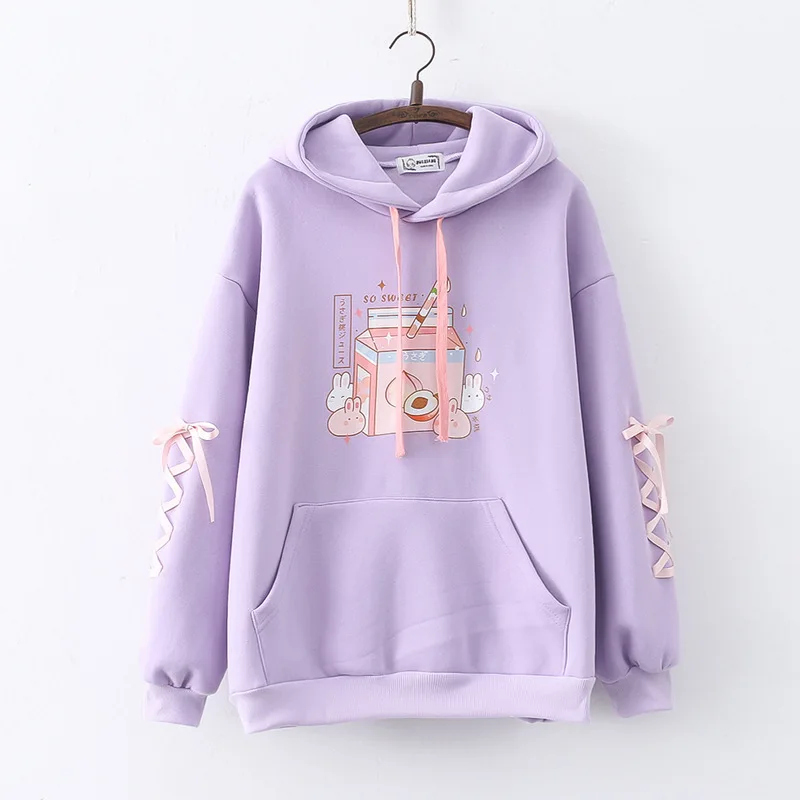 Winter Kawaii Hoodies Women Cute Anime Clothes Lolita Rabbit Cartoon Print Fleece Hooded Sweatshirts Korean Fashion Pullover