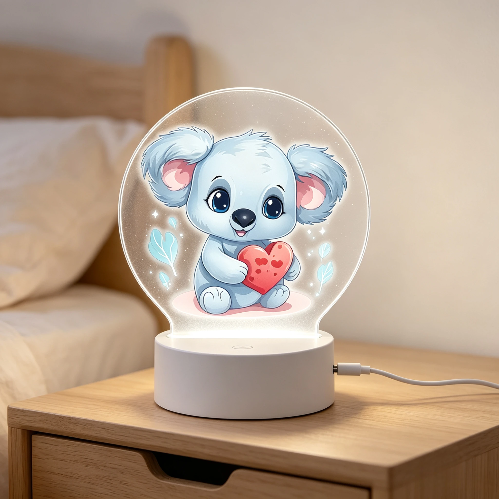 Light Blue Koala Holding Red Heart Acrylic 3D Night Light Bedroom Decor Lamp