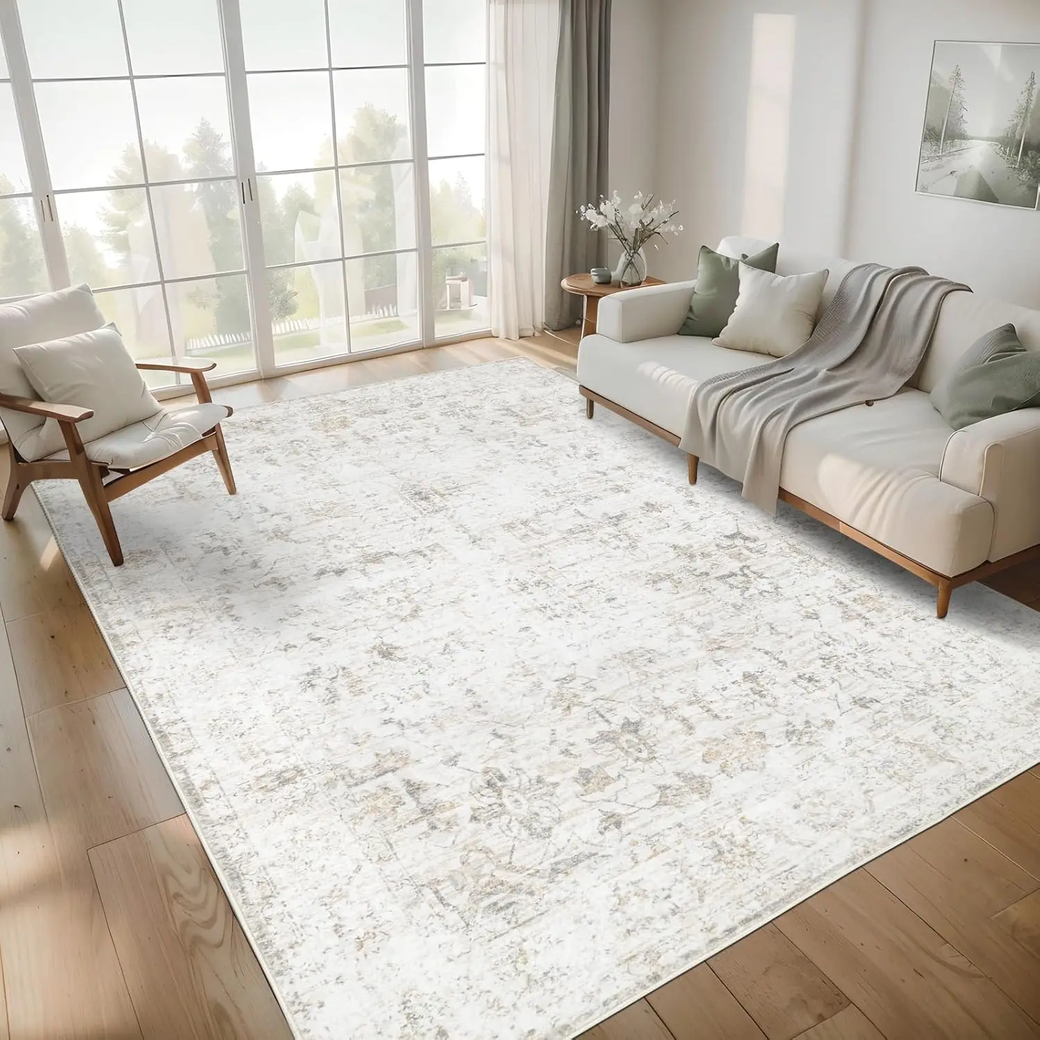 

Washable 8x10 Vintage Floral Area Rug, Non-Slip Soft Boho Carpet for Living Room Bedroom Office Beige