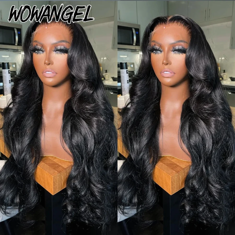 Wow Angel-pelucas de cabello humano con encaje Frontal completo para mujer, pelo negro azabache de 13x4 HD, onda corporal, ultrafino, HD, prearrancado, 250%