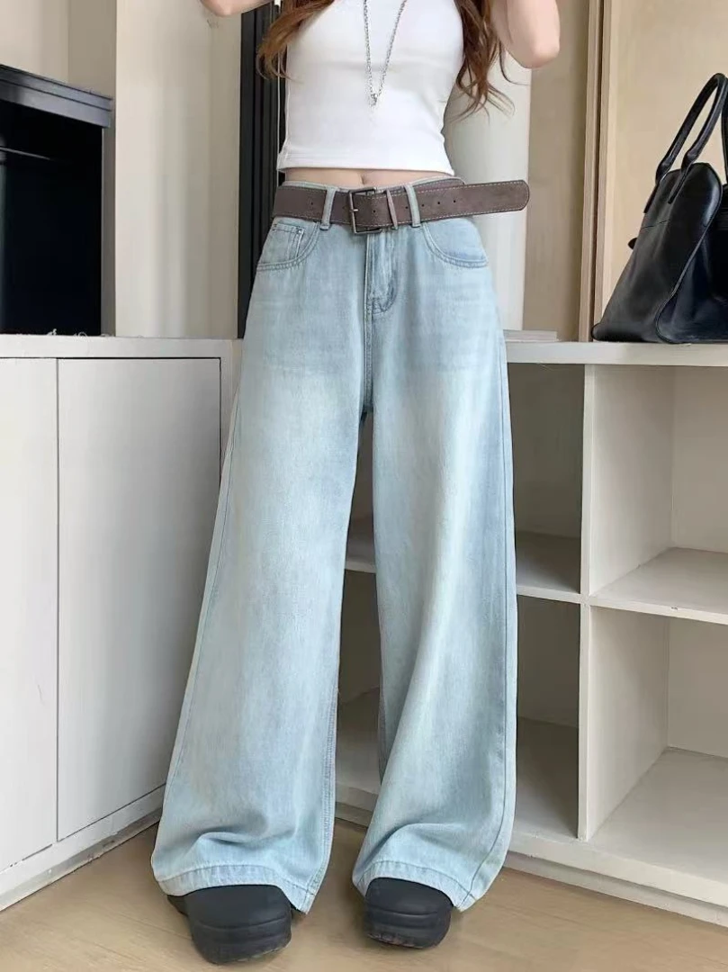 NUOMICI Light Blue Mid-low Waist Jeans Women's Loose Casual Straight Trousers Street Simple Chic Basic Female Pants
