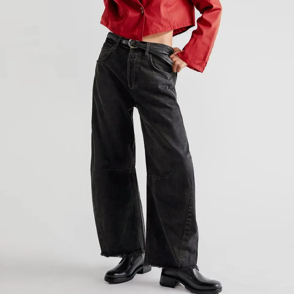 سراويل جينز نسائية فضفاضة واسعة الساق موضة متعددة الاستخدامات سراويل بوي فريند بحاشية مقصوصة من قماش الدنيم ملابس نسائية Odauż Damska #5