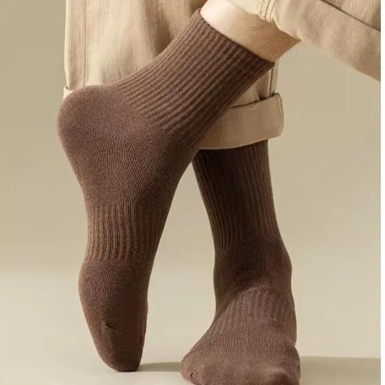 6 Pairs Men Mid‑Calf Socks Solid Neutral Tone Ribbed Knit Cotton Socks Soft Breathable Daily Wear Casual Men Socks
