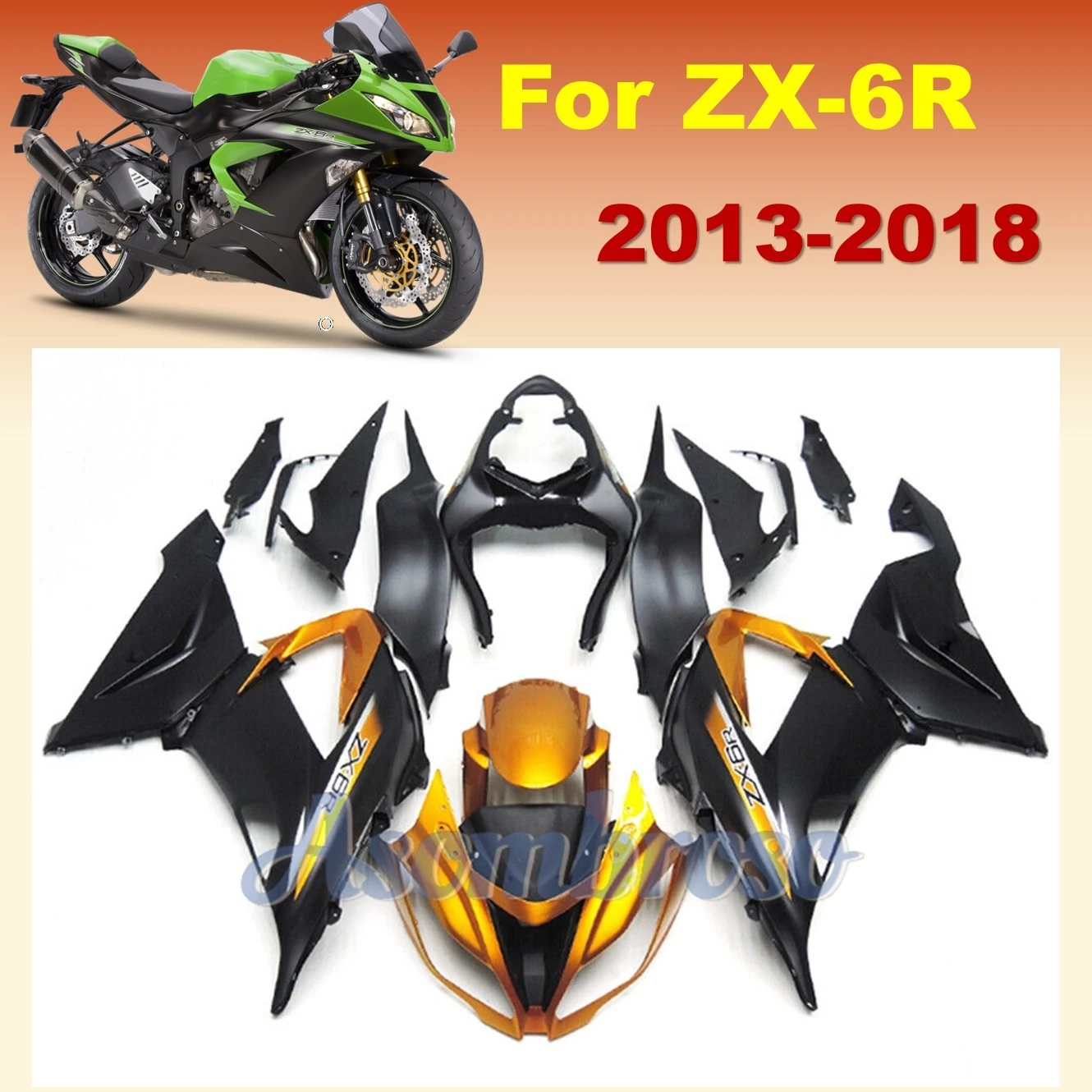 High grade Fairing kit for Ninja ZX6R 2013 2014 2015 2016 2017 2018 ZX 6R 13-18 ZX-6R Sportbike fairings golden black shell