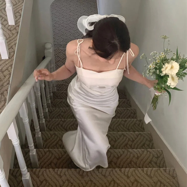 Ele Summer Silk Satin Lungo Dr Abito da donna con cintura dimagrante senza spalline Ladylike Sle Pendolarismo Adatto X-ape Silhouette