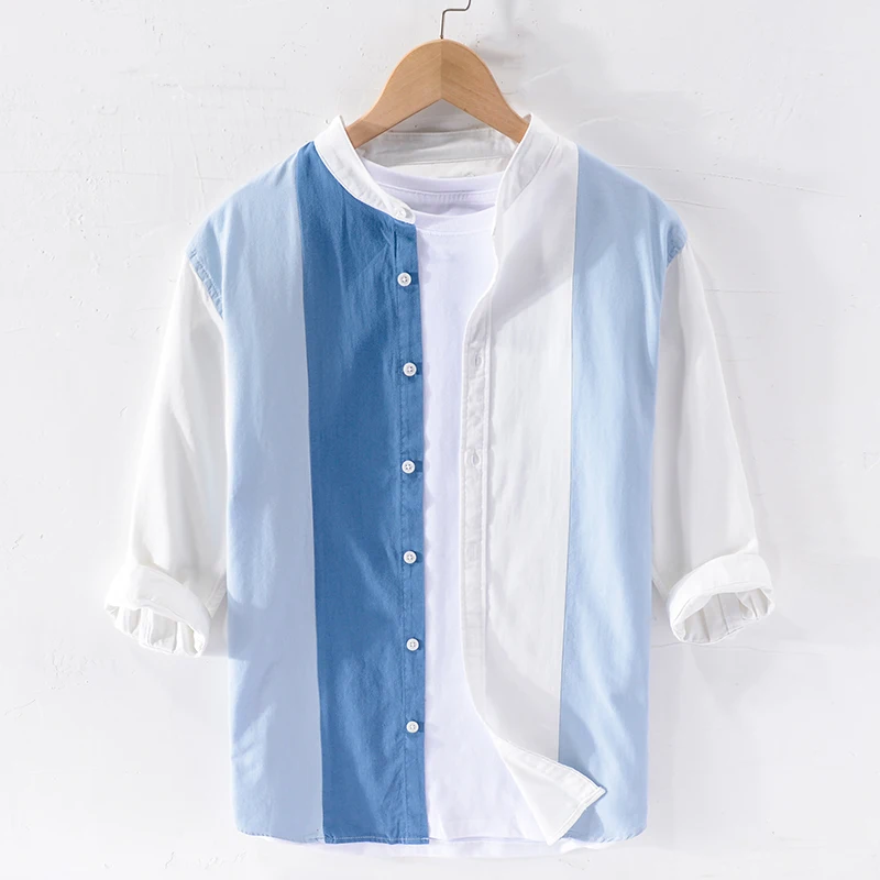 Phong Cách Mới Thường Ngày Ba Phần Tư Tay Chắp Vá Thương Hiệu Áo Sơ Mi Thời Trang Cổ Áo Đứng Camisa Masculina Dropshipping